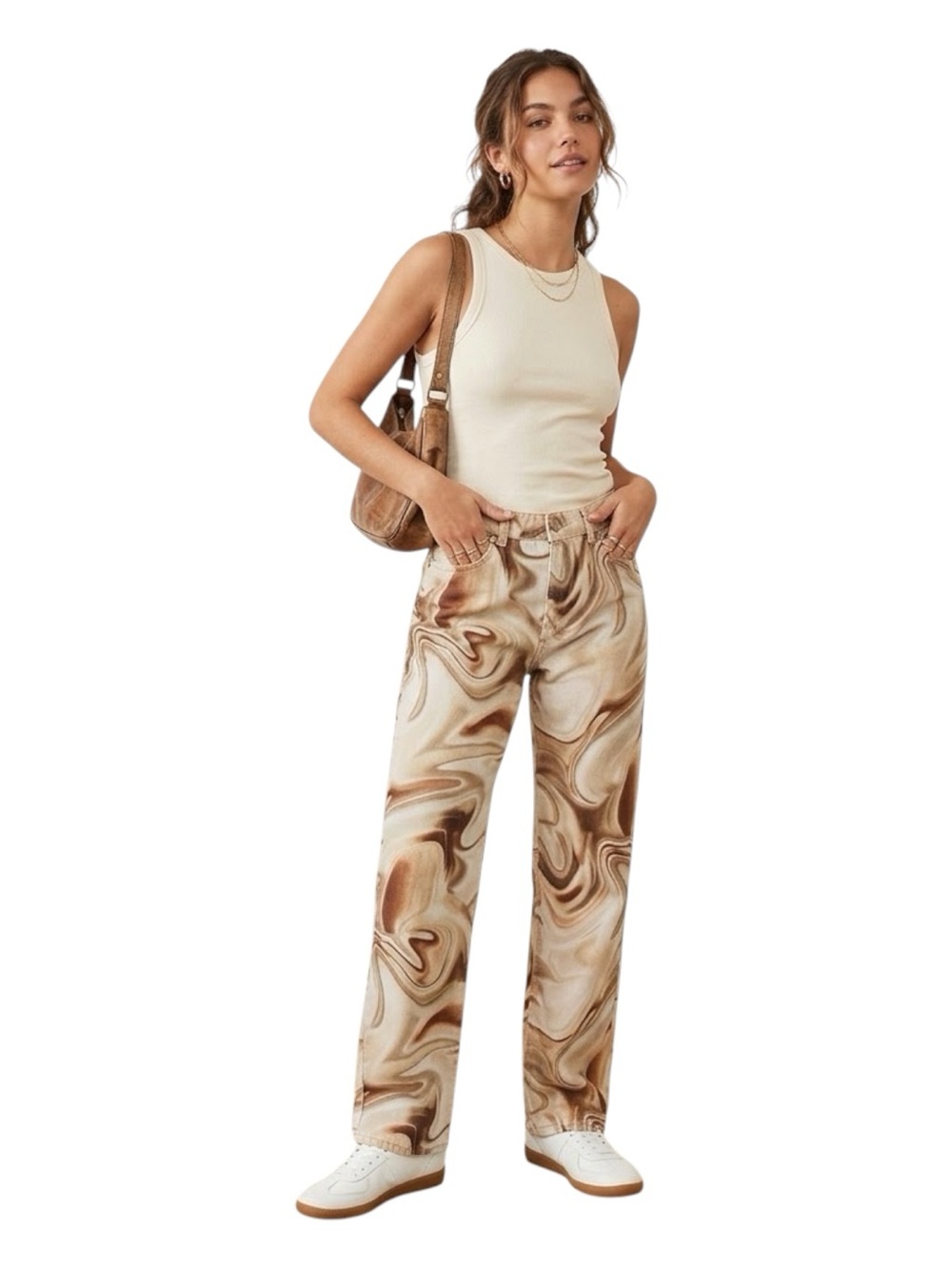 ZARA Marble Swirl Print Straight Leg Jeans Brown Beige | Sz 8 (EUR 40)
